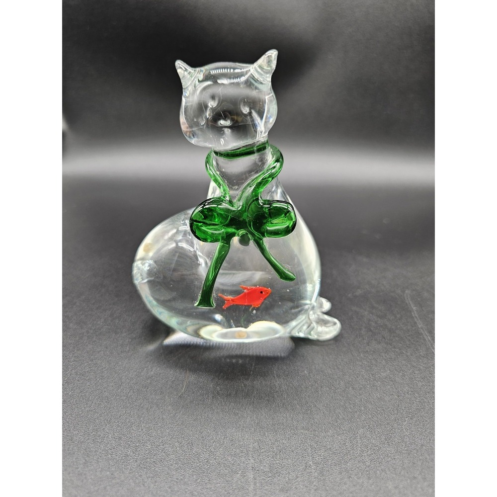 Murano Style Art Glass Cat Paperweight Gold Fish In Belly‎ Art Glass Collectible